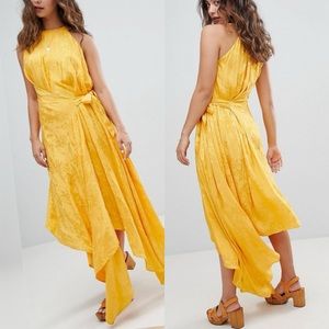 ASOS NWT yellow satin drape halter midi dress
